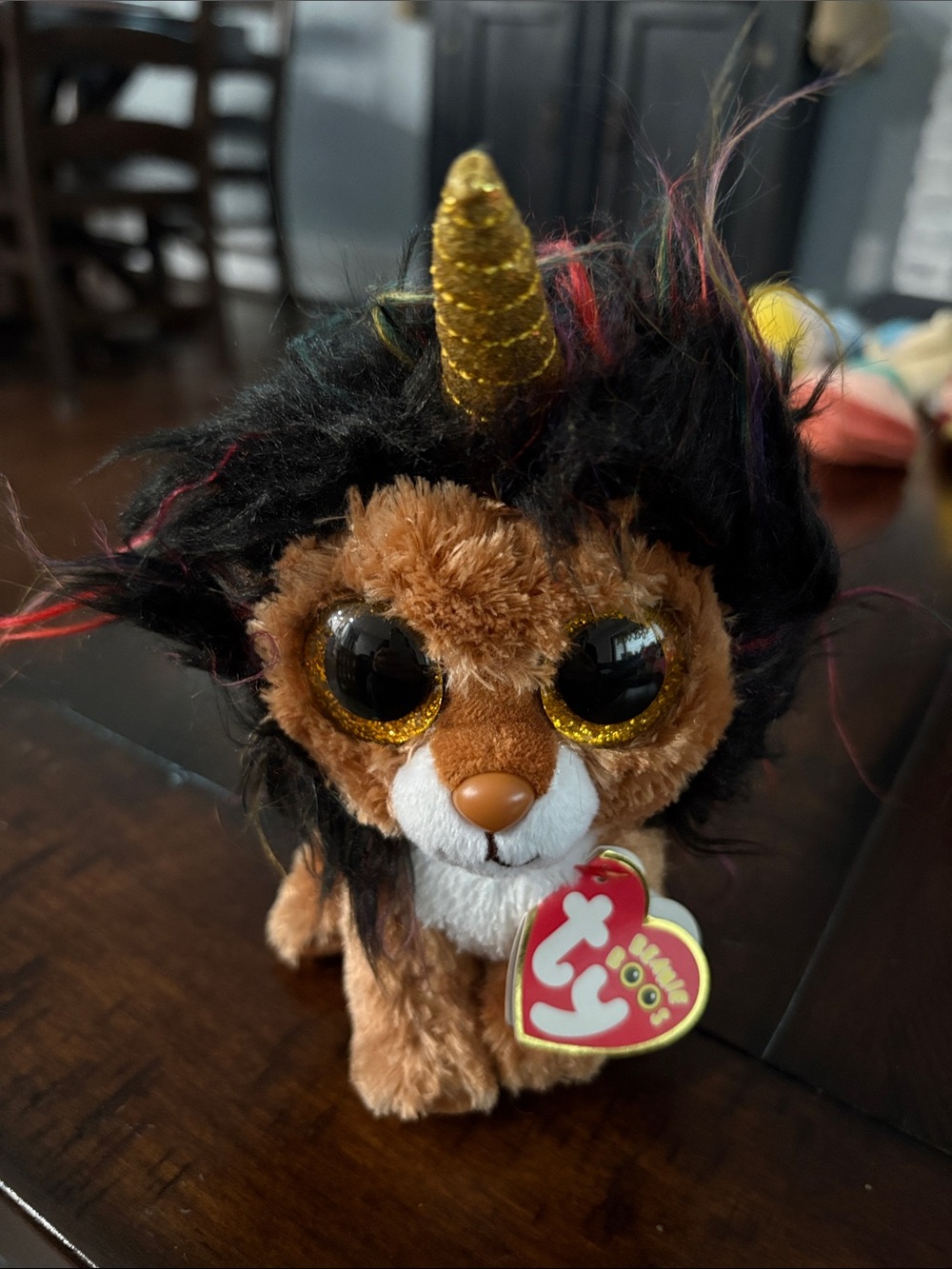 Ty Brown Lion-Unicorn Plush with Gold Horn and Black Mane